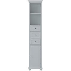 a tall white cabinet with drawers on the bottom and one drawer in the middle, against a white background