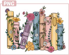 an image of a bunch of books with flowers on them and the word png