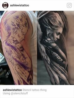 two different tattoos on the arms and arm, one with a woman's face