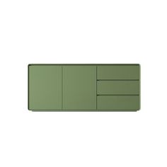 a green cabinet with three drawers on the front and two doors on the back, against a white background