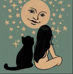 a woman sitting next to a black cat on top of a green background with stars