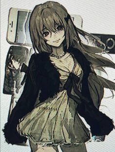 a drawing of a girl with long hair and black clothes holding a cell phone in her hand