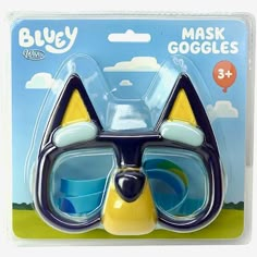 a blue and yellow cat mask with goggles on it's face in a package