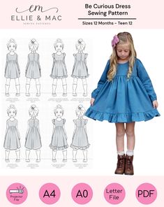 The Be Curious Dress pattern is whimsical and young! It features vintage and knee length options with or without a ruffle hem. There are four sleeve styles. All these options allow you to make several different looks using the same pattern which is the best! This pattern is easy to make and designed for cotton woven fabrics. These are digital PDF Sewing Patterns. They are NOT paper pattern that you would receive in the mail. You will be able to download this pattern(s) immediately after purchase Whimsical Sewing Patterns, Dress Patterns For Kids, Free Toddler Sewing Patterns, Toddler Dress Sewing Pattern, Free Sewing Patterns For Kids, Homemaking Skills, Ellie And Mac, Kids Clothes Patterns, Sell Dresses