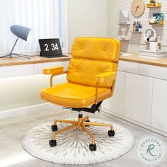 a yellow office chair sitting on top of a rug in front of a desk with a clock