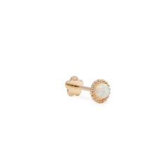 This threaded flat back single stud is set in 14K Gold and a round white opal gemstone with beaded details. Worn on helix, forward helix, flat, tragus, conch and upper lobe piercings.| Lead and Nickel free. Sold as a SINGLE earring, purchase 2 for a pair 14K Solid Gold Opal Diameter 4.5mm(0.18in) Post Length 8mm, Thickness 0.8mm(20ga) Front threaded screw closure on 4mm flower flat back #JS083-G Flower Flat, Forward Helix, Beaded Flats, Lobe Piercing, Pure Gold, Single Earring, White Opal, Tragus, Conch