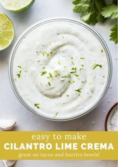 a white bowl filled with cilantro lime cream