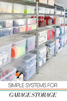 some shelves with plastic bins and other items on them that are labeled simple systems for garage storage