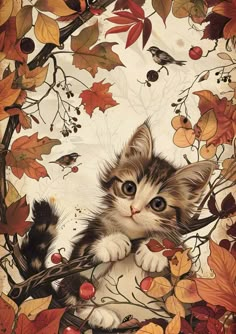 a painting of a kitten sitting on top of a branch with leaves and birds around it