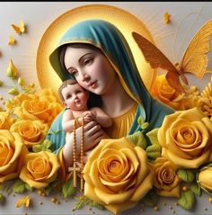 the virgin mary holding a baby surrounded by yellow roses