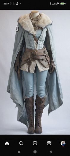 Vintage Outfits Female, Winter Warrior Woman, Fantasy Womans Clothing, Explorer Costume Woman, Dune Style Clothing, Cold Fantasy Clothes, Cave Exploring Outfit, Mideavel Aesthetic Outfits, Arcane Outfits Aesthetic