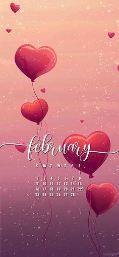 a calendar with hearts floating in the air and balloons attached to it, as if for valentine's day