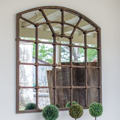 three potted plants sitting on top of a wooden table next to a large mirror