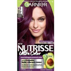 Garnier Nutrisse Ultra Color Nourishing Hair Color Creme delivers up to 8 weeks of bold ultra vibrant fade resistant color in just one step. For all hair textures and even on dark bases with NEW Color Bond technology that helps the dyes penetrate your hair fiber. Garnier Nutrisse is the only hair color creme with a separate ampoule of grapeseed oil that you snap and pour directly into your mix. Lock in moisture and color with our after-color mask infused with five oils avocado, olive, coconut, a Garnier Hair Colour Shades, Garnier Nutrisse Hair Color, Pelo Color Borgoña, Pelo Color Vino, Dark Burgundy Hair, Burgundy Hair Dye, Garnier Hair Color, Excel Tips, Dyed Red Hair