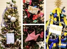 three different christmas trees decorated with ribbons and decorations, one for the tree topper