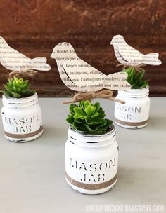 three mason jars with succulents and birds on them, one is painted white