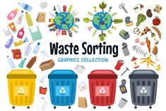 the words waste sorting graphics collection are surrounded by trash cans and other garbage canisters