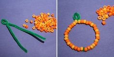 two pictures with beads and scissors on the same side, one has an orange beaded bracelet