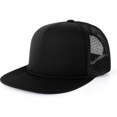 a black trucker hat with mesh on the front and back side, sitting on a white background