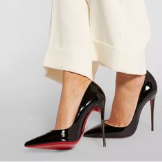 The So Kate Iconic Pump With Timeless Elegance Brilliantly Combines Discretion And Sophistication. Its All Black Patent Calfskin Features A Sculpted Upper That Extends Its Lines To The Iconic Bold Cut. It Sits Easy Atop A Slender 120 Mm Heel To Give You Confidence, Underlining Maison Christian Louboutin Know-How. Patent Leather Upper * Point Toe * Leather Lining * Signature Red Leather Sole * Padded Insole * Made In Italy Size * Runs Small, Order One Size Up * Self-Covered Heel, 4.75" (120mm) Elegant Heels With Red Sole For Night Out, High-end Black Pointed Toe Heels, Elegant Heels For Fashion Events, Kate Louboutin, So Kate Louboutin, Dream Heels, Louboutin Pigalle, Louboutin So Kate, Streets Of London