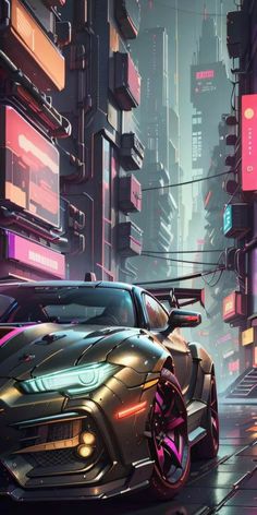 a futuristic car driving down a city street in front of tall buildings with neon lights