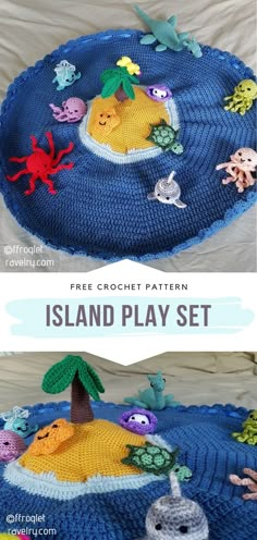 a crocheted island play set is shown with the text, free crochet pattern