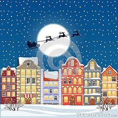 Christmas Town Illustration, Buildings Background, Town Illustration, Santa Flying, Cartoon Building, Street Stock, Christmas Town, Illustration Cartoon, Background Illustration