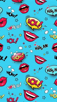 a blue background with red and yellow lips, stars, and speech bubbles on it