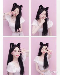 four pictures of a woman with long black hair and cat ears on her head, making the middle finger sign