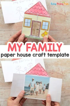 two hands holding up a paper house with the words my family on it and an image of