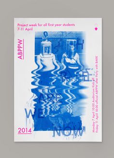 a blue and white poster with two people in the water