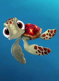 a cartoon turtle swimming in the ocean with big eyes on it's back and head