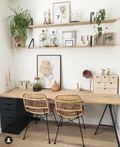 two wicker chairs sitting on top of a wooden desk