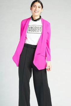 Modern Relaxed Blazer - Taffy – ZEENA | Modest long sleeve relaxed fit blazer with asymmetrical hem. Hot pink blazer outfit, pink blazer outfit for work, casual pink blazer outfit, pink blazer outfit with jeans, edgy pink blazer, assymmetrical pink blazer, modern work outfits, modern blazer, modest outfit for work, modest blazer. #simplyzeenallc #zeenastyle #pink #officestyle Hot Pink Blazer Outfit, Pink Blazer Outfit, Hot Pink Blazers, Modest Outfit, Office Casual Outfit