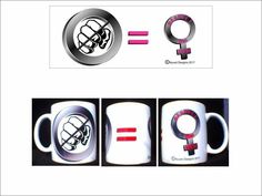 three different images of coffee mugs with symbols on them