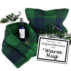 "Give A Warm Hug to the Super Hero in your life! Relaxing and soothing microwave heat pads are stress relief and relaxation perfection. Gift set includes card as pictured, microwavable comfort packs, and real essential oil relaxation spray to scent packs as desired. Choose set options and fabric choice from drop down menu... 1) 8\" x 10\" small comfort pack, relaxation essential oil spray, card 2) 20\" x 5\" neck wrap, relaxation essential oil spray, card 3) Both small pack and neck wrap, relaxa Surgery Care Package, Nursing Home Gifts, Hug Card, Birthday Care Packages, Relaxing Essential Oils, Heat Bag, Hug Gifts, Essential Oil Spray, Miss You Gifts