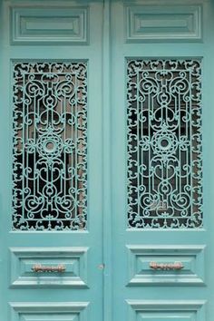 two blue doors with ornate iron grills on the front and side panels in turquoise