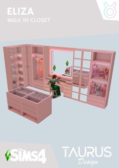 an image of a woman sitting in a pink closet with clothes on the shelves and drawers