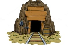 the entrance to a cave with wooden planks and barrels on either side, cartoon style