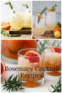 rosemary cocktails are served in glasses and garnished with orange slices, rosemary sprigs, and lemonade