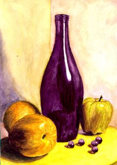 a painting of an apple, wine bottle and grapes on a yellow table cloth next to it