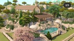 an artist's rendering of a house and pool in the middle of a garden