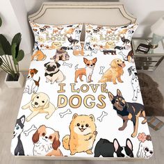 a bed covered in lots of dogs on it