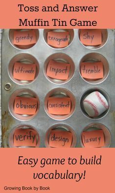 a muffin tin filled with words and a baseball in the middle that says, toss and answer muffin'n game easy game to build voca