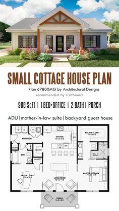 the small cottage house plan is shown in two different colors and sizes, with an open floor