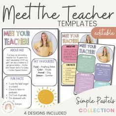 a teacher's flyer with the text meet the teacher templates and four designs included