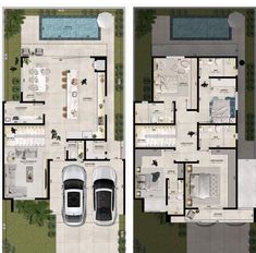 two views of the floor plan of a house with swimming pool and car parking spaces