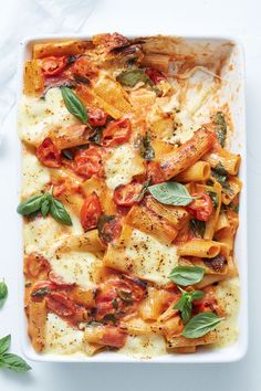 a white dish filled with pasta and cheese covered in tomato sauce, basil leaves and parmesan cheese