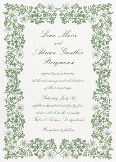 a wedding card with green leaves and flowers on the front, in an ornate frame