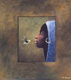 a painting of a woman's profile with a hummingbird flying by her nose